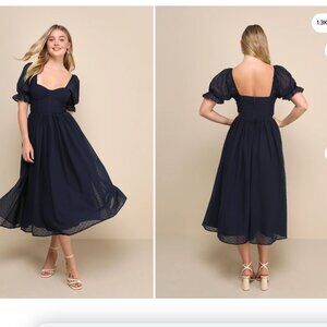 Lulu's "Flawless Elegance Navy Swiss Dot Puff Sleeve Bustier Midi Dress"